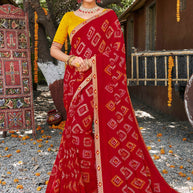 Laxmipati Rajwadi Bandhani Printed Georgette Saree in Red Color with Unstitched Blouse