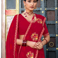 Laxmipati Chanchal Embellished Floral Embroidered Georgette Saree in Red Color with Unstitched Blouse