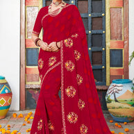 Laxmipati Chanchal Embellished Floral Embroidered Georgette Saree in Red Color with Unstitched Blouse