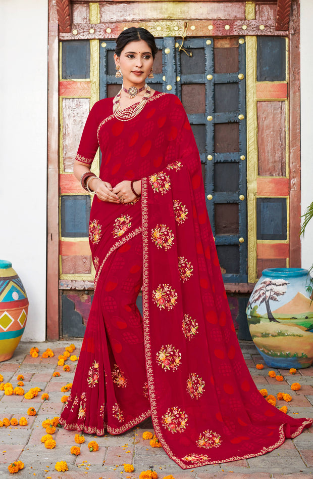 Laxmipati Chanchal Embellished Floral Embroidered Georgette Saree in Red Color with Unstitched Blouse