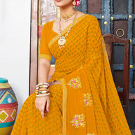 Laxmipati Chanchal Embellished Floral Embroidered Georgette Saree in Mustard Color with Unstitched Blouse