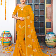 Laxmipati Chanchal Embellished Floral Embroidered Georgette Saree in Mustard Color with Unstitched Blouse