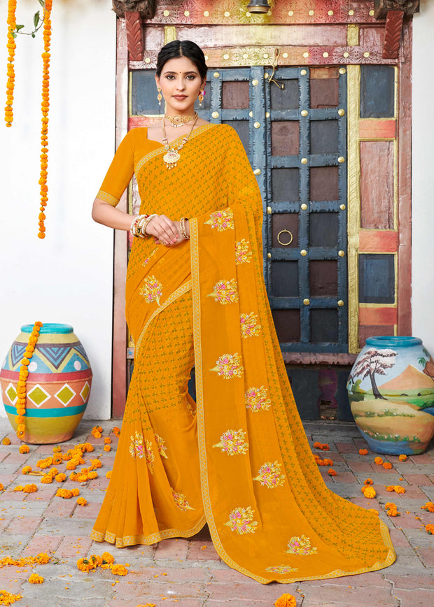 Laxmipati Chanchal Embellished Floral Embroidered Georgette Saree in Mustard Color with Unstitched Blouse