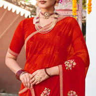 Laxmipati Chanchal Embellished Floral Embroidered Georgette Saree in Deep Red Color with Unstitched Blouse