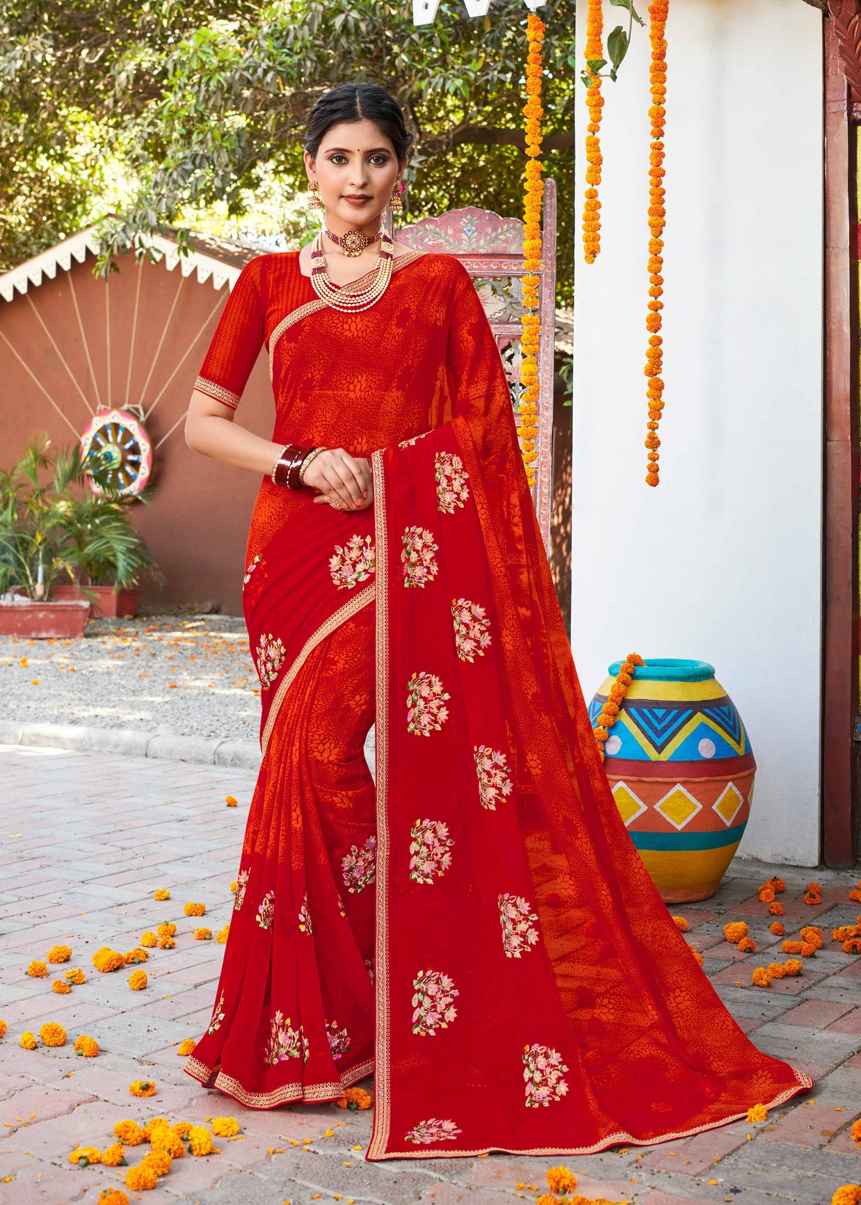 Laxmipati Chanchal Embellished Floral Embroidered Georgette Saree in Deep Red Color with Unstitched Blouse