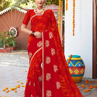 Laxmipati Chanchal Embellished Floral Embroidered Georgette Saree in Deep Red Color with Unstitched Blouse