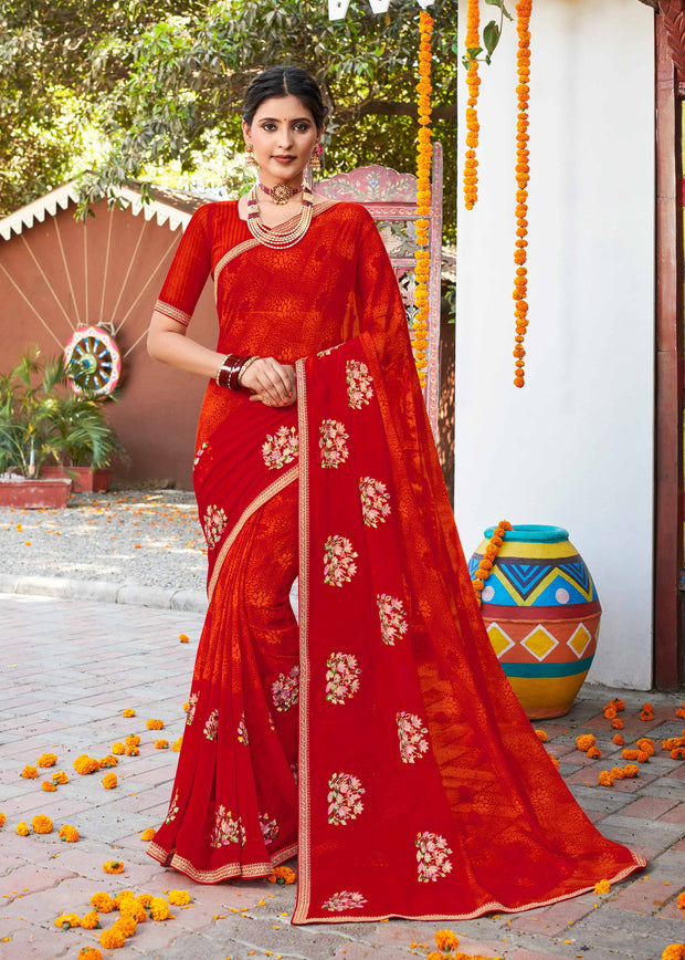 Laxmipati Chanchal Embellished Floral Embroidered Georgette Saree in Deep Red Color with Unstitched Blouse