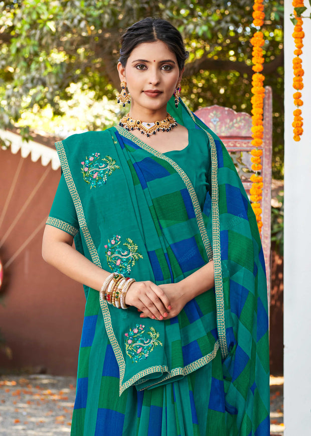 Laxmipati Chanchal Embellished Floral Embroidered Georgette Saree in Teal Blue Color with Unstitched Blouse