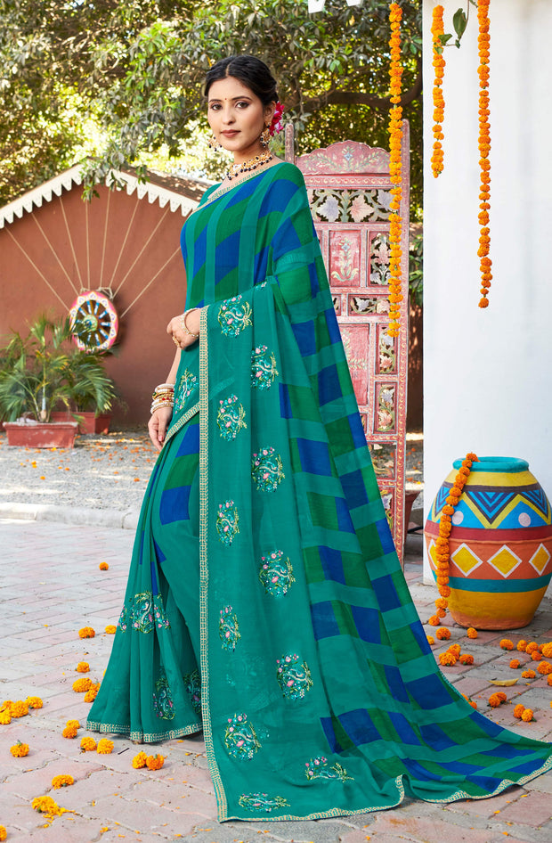 Laxmipati Chanchal Embellished Floral Embroidered Georgette Saree in Teal Blue Color with Unstitched Blouse