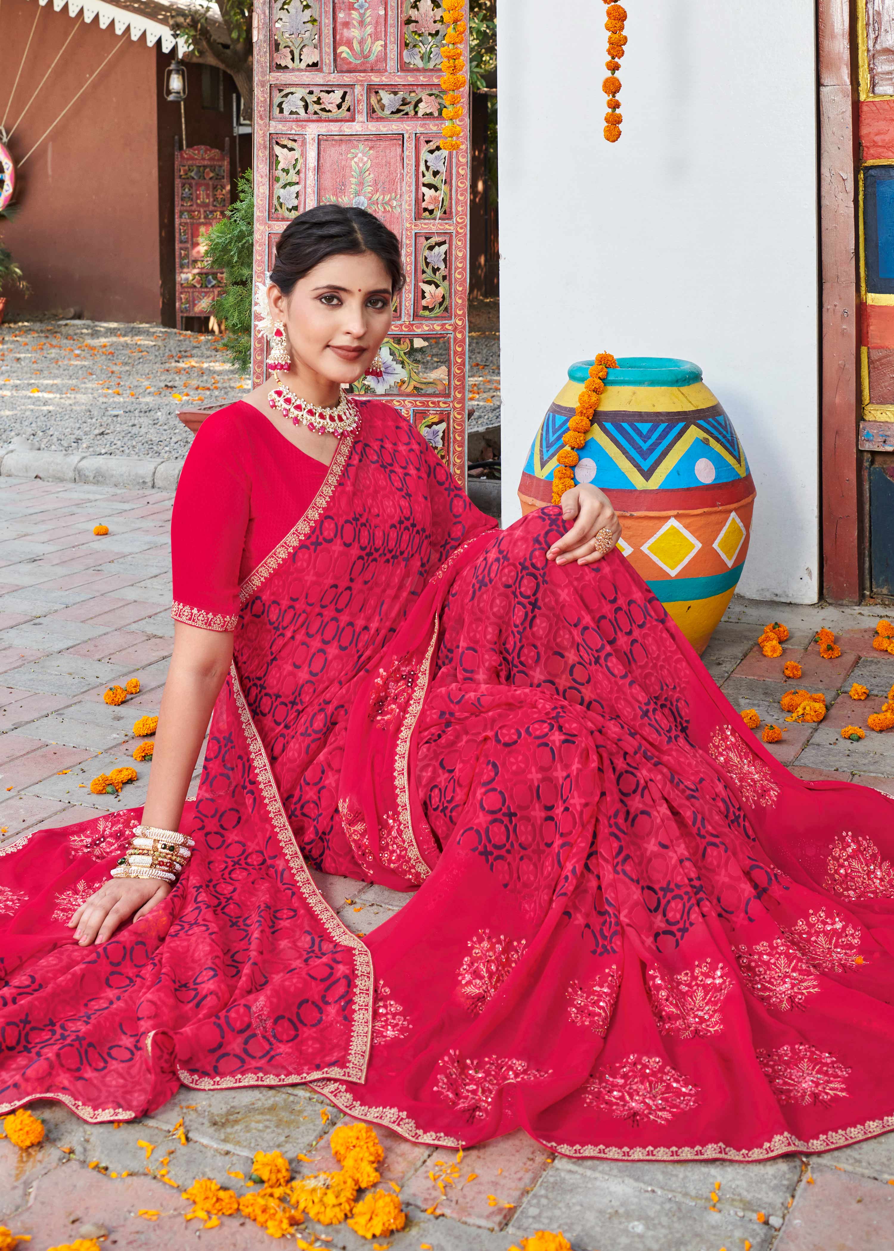 Laxmipati Chanchal Embellished Floral Embroidered Georgette Saree in Cherry Pink Color with Unstitched Blouse