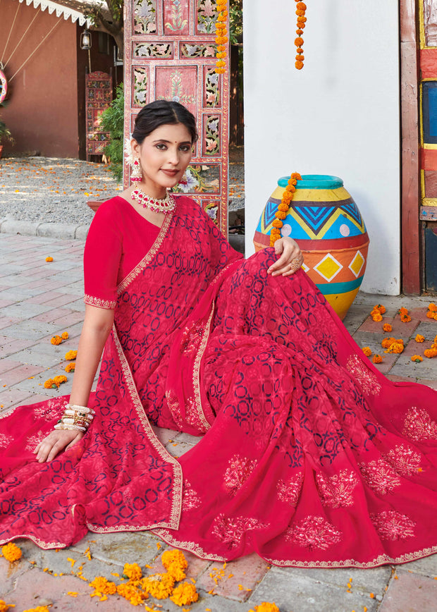 Laxmipati Chanchal Embellished Floral Embroidered Georgette Saree in Cherry Pink Color with Unstitched Blouse