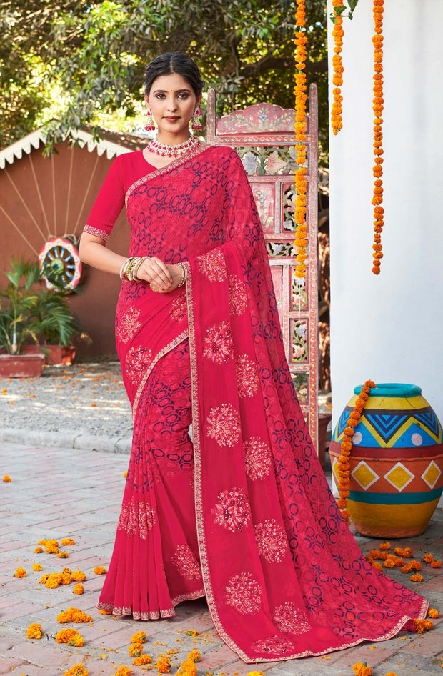 Laxmipati Chanchal Embellished Floral Embroidered Georgette Saree in Cherry Pink Color with Unstitched Blouse