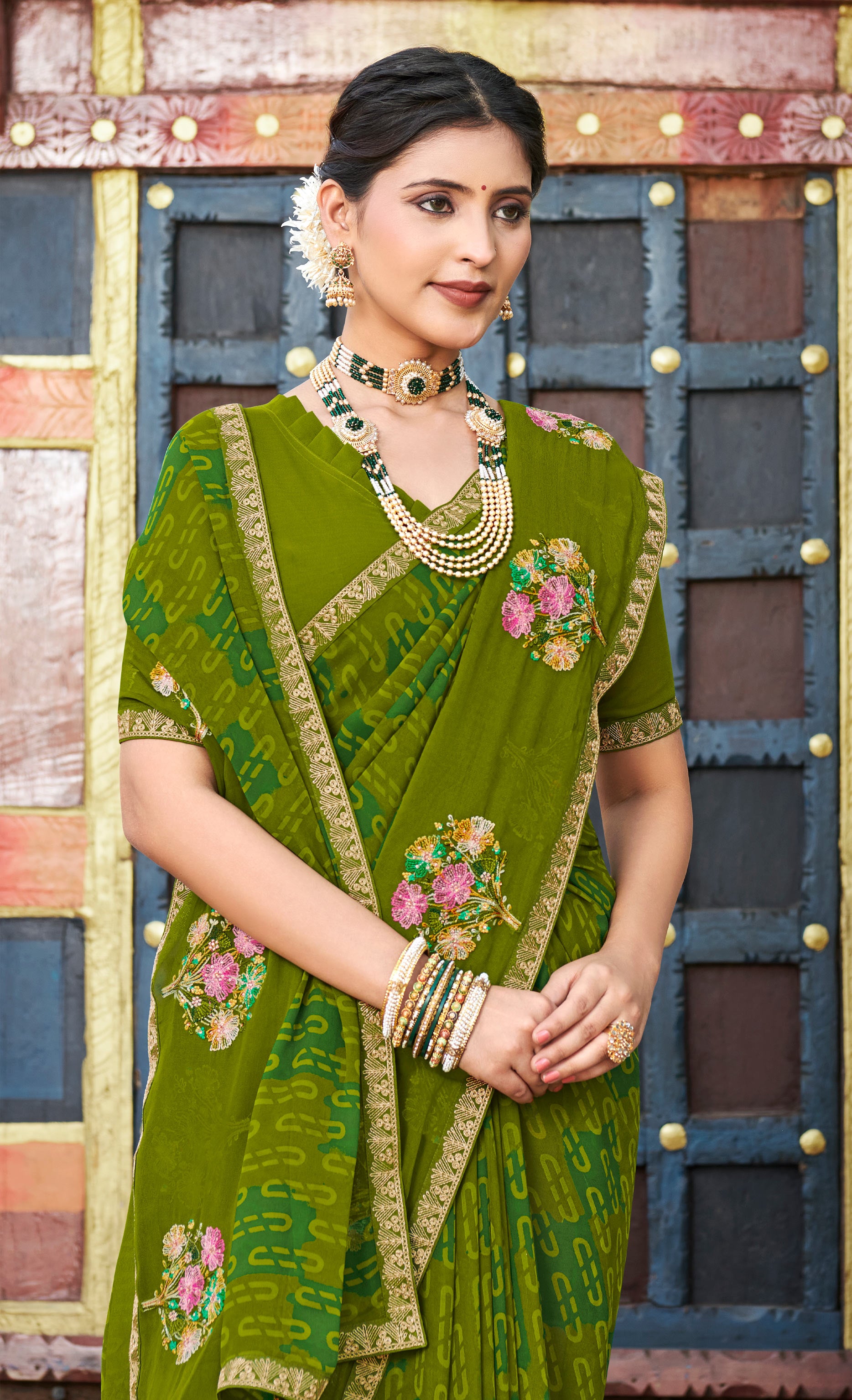 Laxmipati Chanchal Embellished Floral Embroidered Georgette Saree in Olive Green Color with Unstitched Blouse