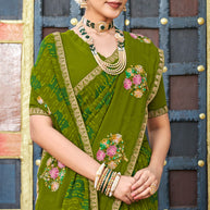 Laxmipati Chanchal Embellished Floral Embroidered Georgette Saree in Olive Green Color with Unstitched Blouse