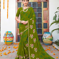 Laxmipati Chanchal Embellished Floral Embroidered Georgette Saree in Olive Green Color with Unstitched Blouse