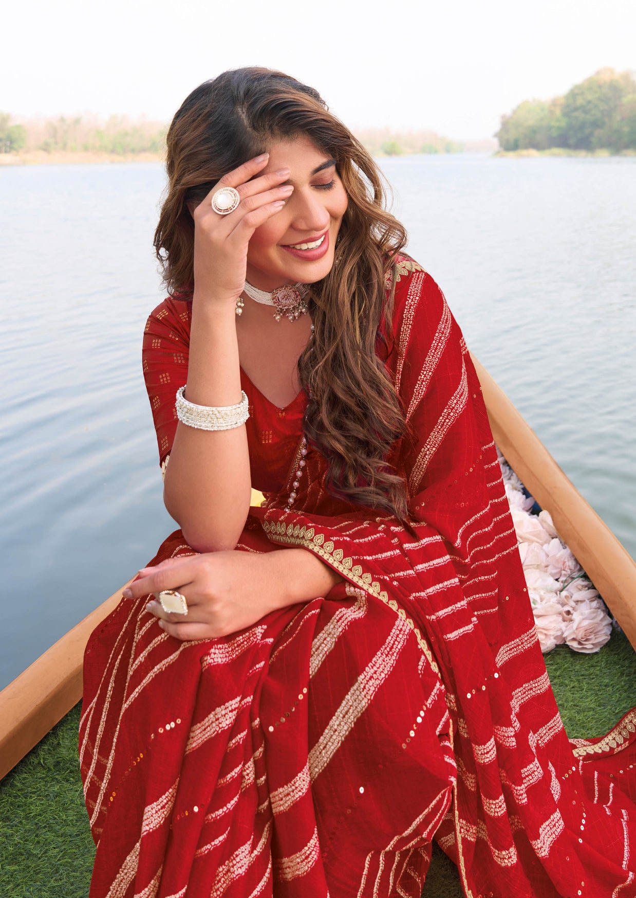 Laxmipati Madhubala Striped Printed Chiffon Saree in Red Color with Unstitched Blouse