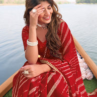 Laxmipati Madhubala Striped Printed Chiffon Saree in Red Color with Unstitched Blouse
