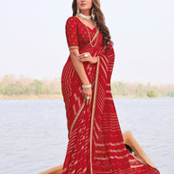 Laxmipati Madhubala Striped Printed Chiffon Saree in Red Color with Unstitched Blouse