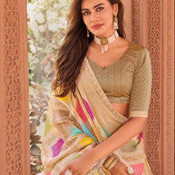 Laxmipati Madhubala Geometric Printed Tissue Organza Saree in Pastel Peach Color with Unstitched Blouse