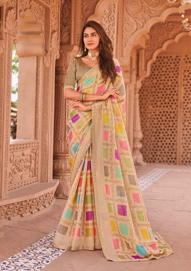 Laxmipati Madhubala Geometric Printed Tissue Organza Saree in Pastel Peach Color with Unstitched Blouse