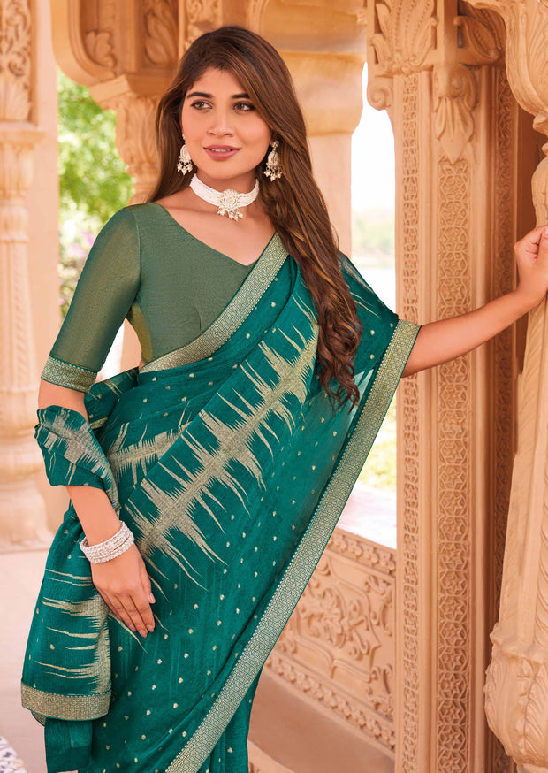 Laxmipati Madhubala Resist Dyed Printed Tissue Organza Saree in Bottle Green Color with Unstitched Blouse