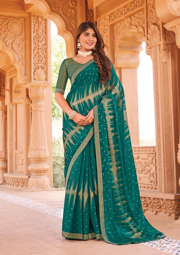 Laxmipati Madhubala Resist Dyed Printed Tissue Organza Saree in Bottle Green Color with Unstitched Blouse