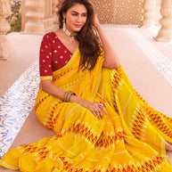 Laxmipati Madhubala Ikkat Printed Chiffon Saree in Yellow Color with Unstitched Blouse
