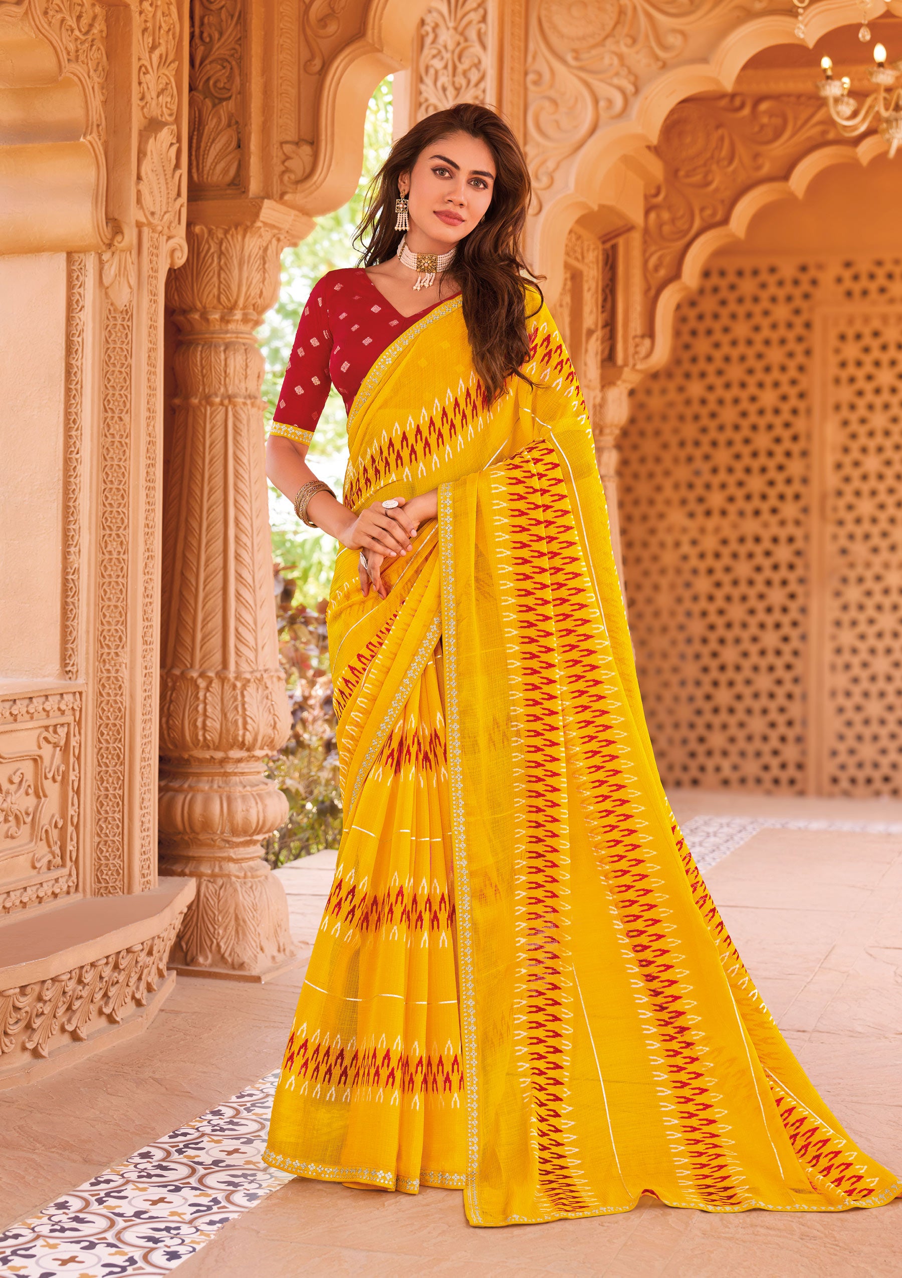 Laxmipati Madhubala Ikkat Printed Chiffon Saree in Yellow Color with Unstitched Blouse