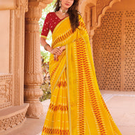 Laxmipati Madhubala Ikkat Printed Chiffon Saree in Yellow Color with Unstitched Blouse