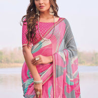 Laxmipati Madhubala Abstract Printed Chiffon Saree in Pink Color with Unstitched Blouse