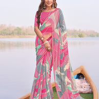 Laxmipati Madhubala Abstract Printed Chiffon Saree in Pink Color with Unstitched Blouse