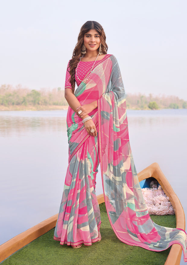 Laxmipati Madhubala Abstract Printed Chiffon Saree in Pink Color with Unstitched Blouse