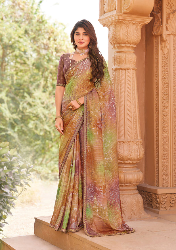 Laxmipati Madhubala Floral Printed Ombre Effect Chiffon Saree in Multicolor with Unstitched Blouse