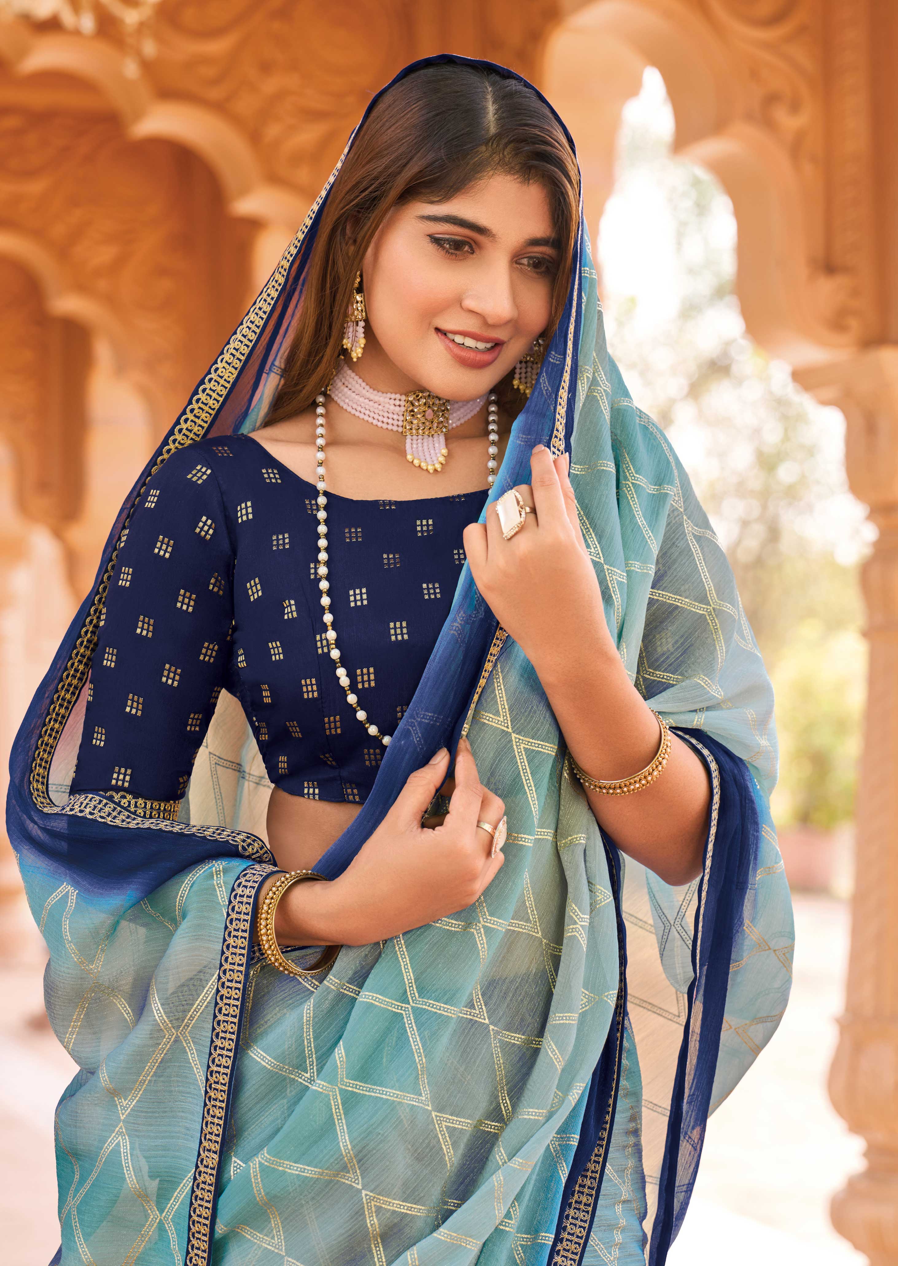 Laxmipati Madhubala Geometric Printed Along with Foil Work Silk Base Saree in Blue Color with Unstitched Blouse