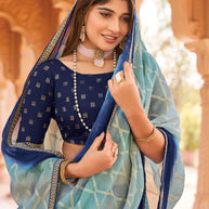 Laxmipati Madhubala Geometric Printed Along with Foil Work Silk Base Saree in Blue Color with Unstitched Blouse