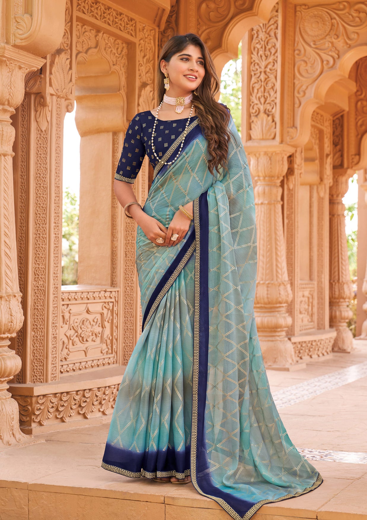 Laxmipati Madhubala Geometric Printed Along with Foil Work Silk Base Saree in Blue Color with Unstitched Blouse