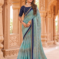 Laxmipati Madhubala Geometric Printed Along with Foil Work Silk Base Saree in Blue Color with Unstitched Blouse