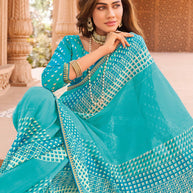 Laxmipati Madhubala Geometric Printed Chiffon Saree in Blue Color with Unstitched Blouse