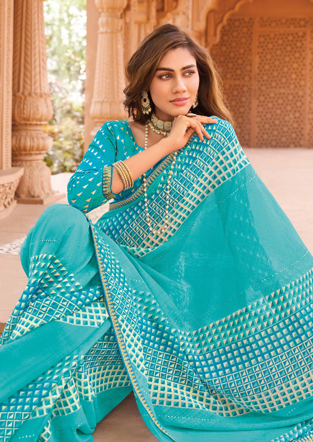 Laxmipati Madhubala Geometric Printed Chiffon Saree in Blue Color with Unstitched Blouse
