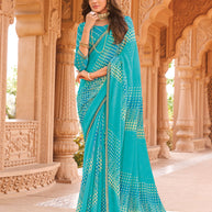 Laxmipati Madhubala Geometric Printed Chiffon Saree in Blue Color with Unstitched Blouse