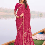 Laxmipati Madhubala Bandhani Printed Chiffon Saree in Pink Color with Unstitched Blouse