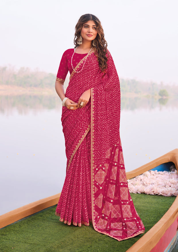 Laxmipati Madhubala Bandhani Printed Chiffon Saree in Pink Color with Unstitched Blouse