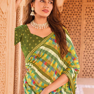Laxmipati Madhubala Checkered Printed Chiffon Saree in Olive Green Color with Unstitched Blouse