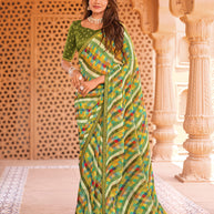 Laxmipati Madhubala Checkered Printed Chiffon Saree in Olive Green Color with Unstitched Blouse