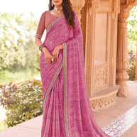 Laxmipati Madhubala Geometric Printed along with Foil Work Satin Silk Saree in Persian Pink Color with Unstitched Blouse