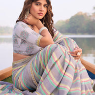 Laxmipati Madhubala Striped Printed Satin Silk Saree in Pastel Lavender Color with Unstitched Blouse