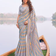 Laxmipati Madhubala Striped Printed Satin Silk Saree in Pastel Lavender Color with Unstitched Blouse