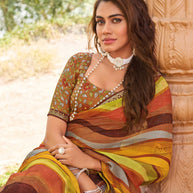 Laxmipati Madhubala Wavy Printed Chiffon Saree in Multicolor with Unstitched Blouse
