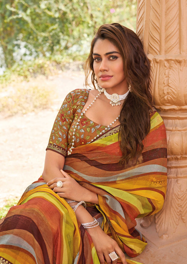 Laxmipati Madhubala Wavy Printed Chiffon Saree in Multicolor with Unstitched Blouse