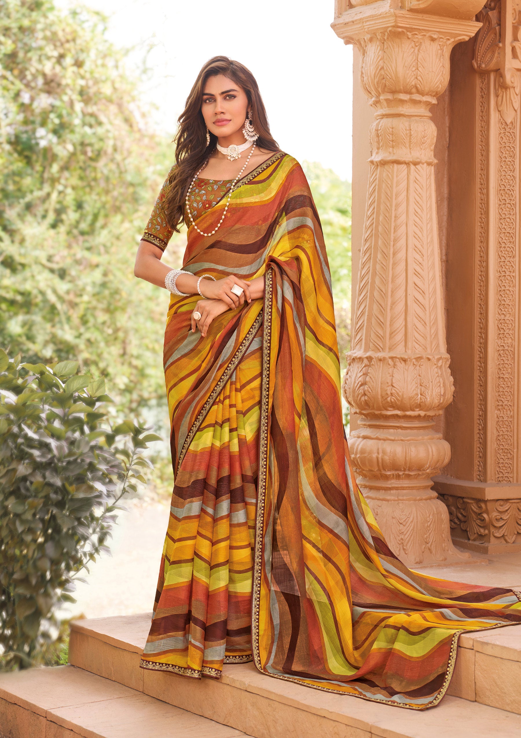 Laxmipati Madhubala Wavy Printed Chiffon Saree in Multicolor with Unstitched Blouse